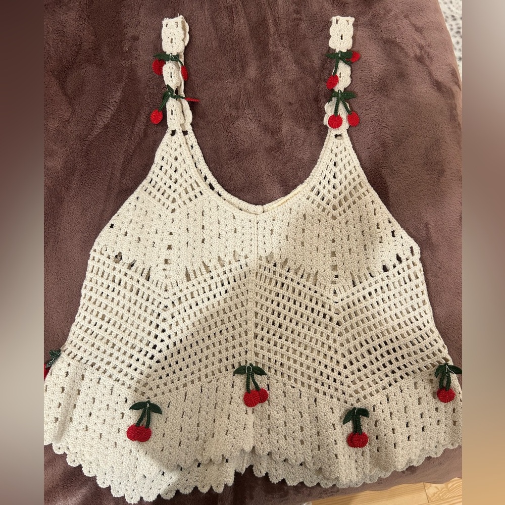 Rebellion White Crochet Tank Top with Red Cherry Accents - Picture 2 of 5